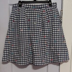 Navy Gingham A-Line Skirt with Multi-Color Embroidery